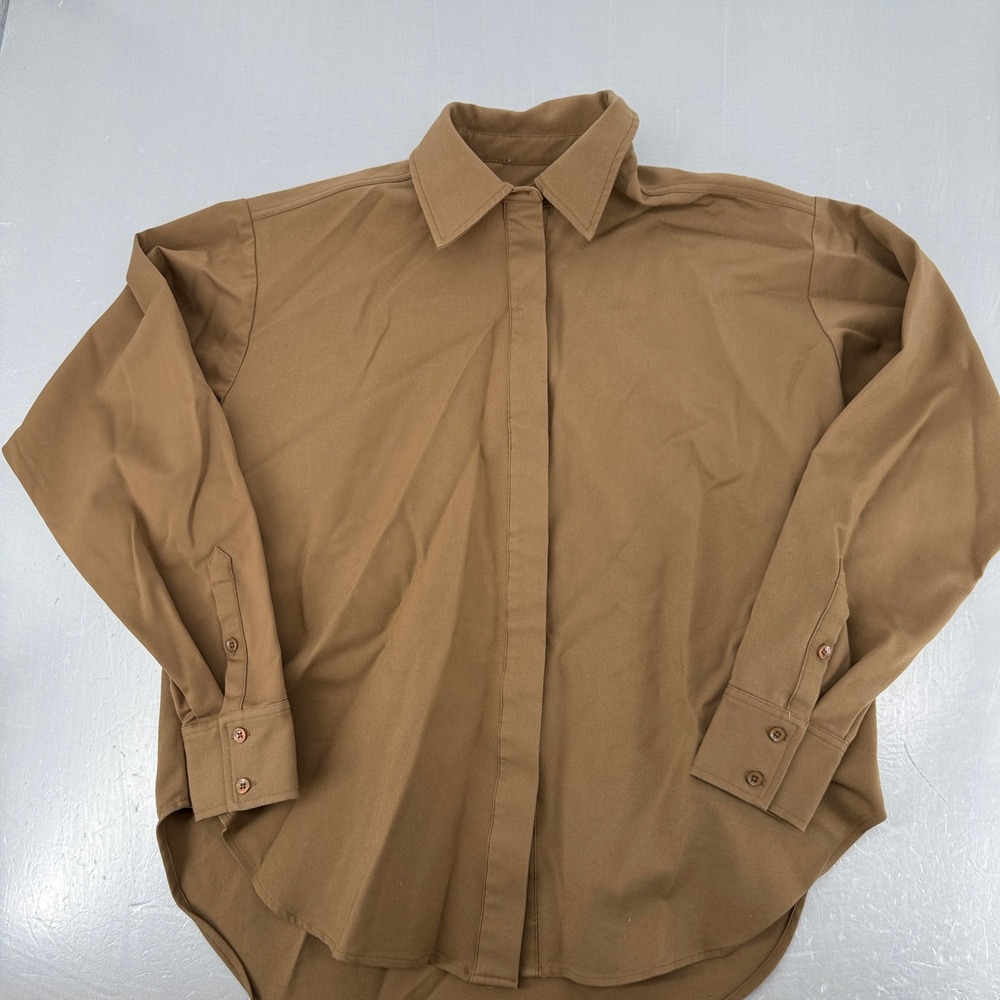 Good American Women Camel Brown Cotton Blend Stretch Button Down Shirt Size 2 M